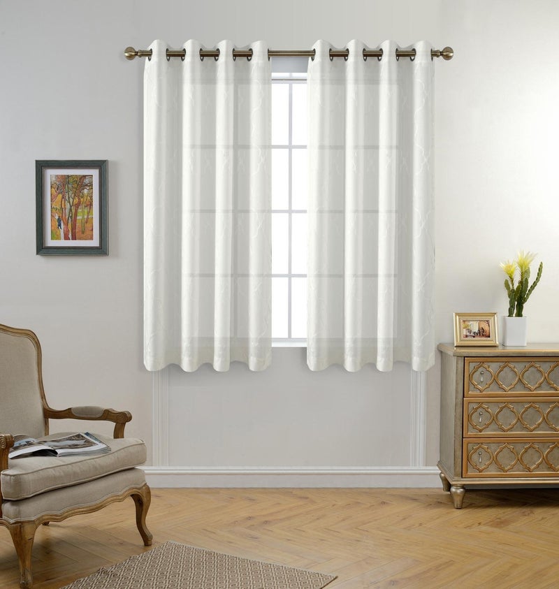 MIUCO Moroccan Embroidery Semi Sheer Curtains Faux Linen Grommet Curtains for Bedroom 52 x 63 Inch 2 Panels, Off White - Image 2